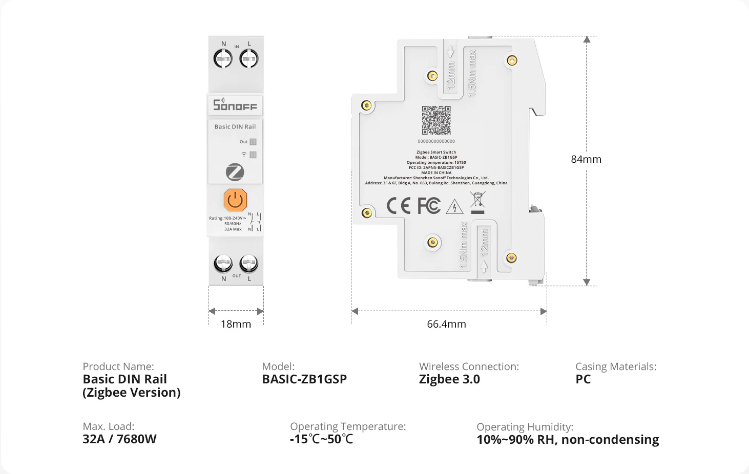 Rozměrové schéma BASIC-ZB1GSP s čelním a zadním pohledem, rozměry 84 × 66,5 × 18 mm a utahovacím momentem svorek