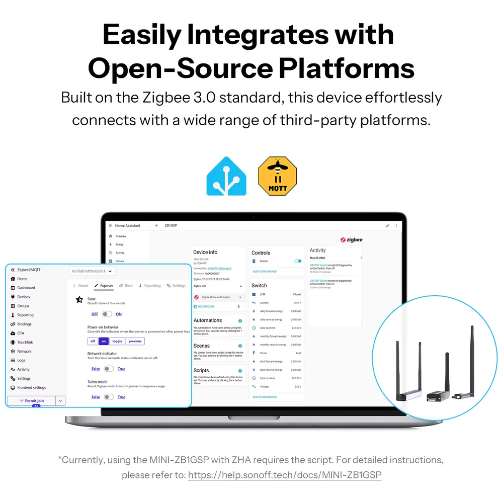 Integrace MINI-ZB1GSP do Home Assistant a Zigbee2MQTT se zobrazením stavu spínače, proudu, výkonu a energie