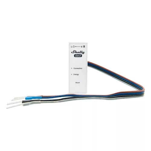 Čelní strana Shelly 3EM-63W Gen3 s označením LED Connection a Energy, tlačítkem Reset a svazkem barevných vodičů