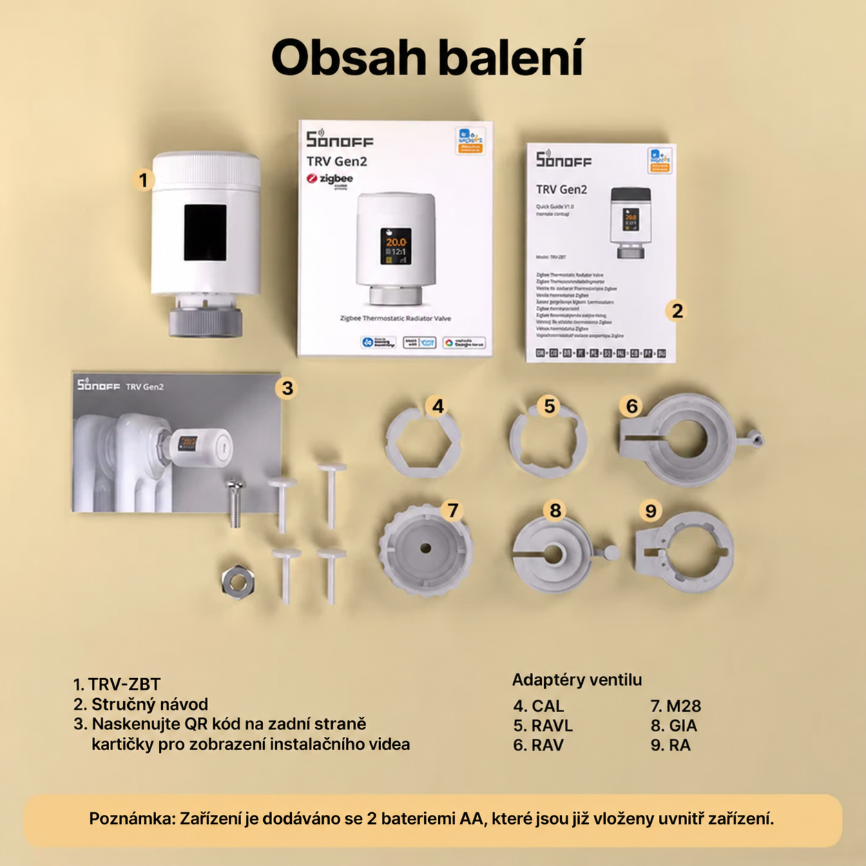 Obsah balení TRV-ZBT: hlavice, stručný návod, kartička s QR kódem, šest adaptérů ventilu a montážní materiál