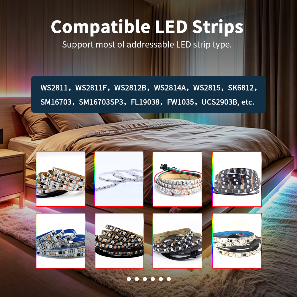 Podporované typy adresovatelných LED pásků WS2811, WS2812B, WS2815, SK6812, SM16703 a další na pozadí ložnice s LED podsvícením