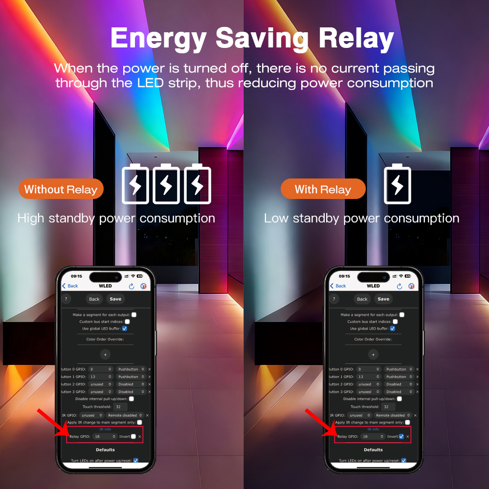 Porovnání klidové spotřeby LED pásku bez relé a s relé a nastavení Relay GPIO 18 ve WLED v telefonu