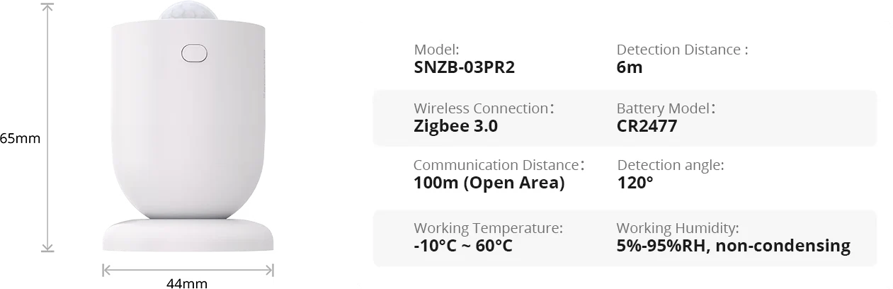 Specifikace SNZB-03PR2 s rozměry 44 × 44 × 65 mm, dosahem 6 m, úhlem 120°, baterií CR2477 a Zigbee 3.0
