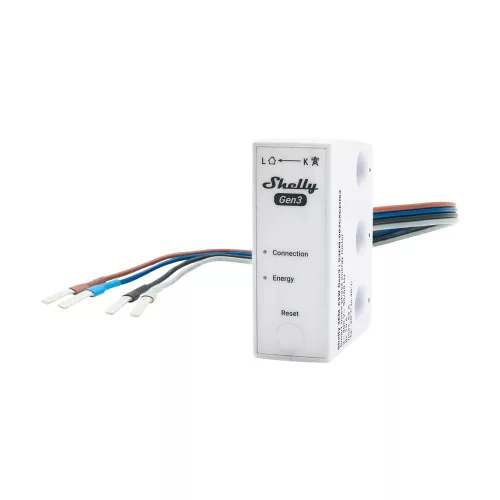Shelly 3EM-63W Gen3 v šikmém pohledu s čelní stranou, LED Connection a Energy, tlačítkem Reset a vyvedenými vodiči