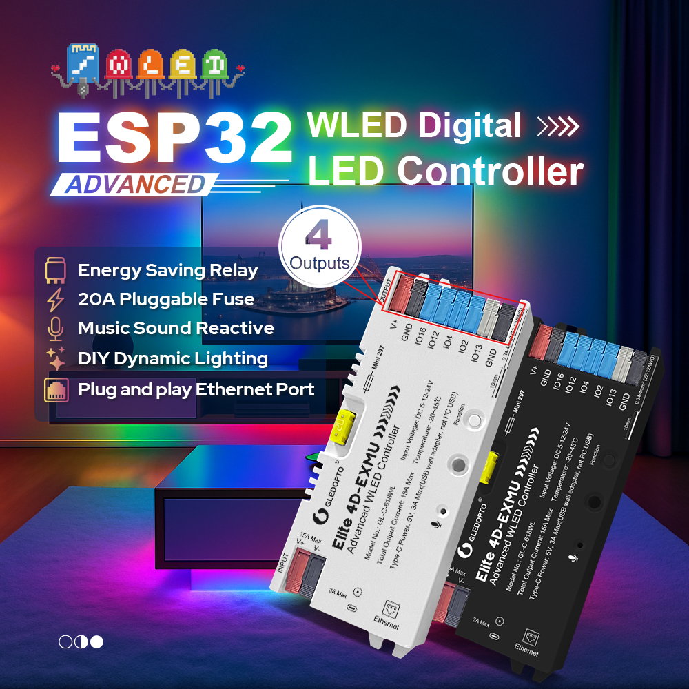 WLED kontrolér Gledopto Elite 4D-EXMU v bílém a černém provedení se čtyřmi výstupy na pozadí obývacího pokoje s LED podsvícením