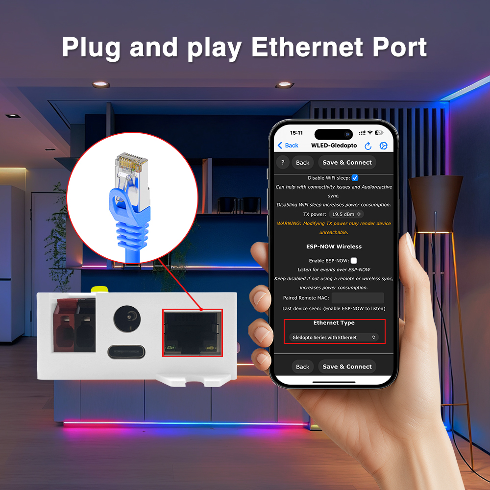 Port Ethernet na kontroléru s detailem konektoru RJ45 a nastavení WLED v telefonu s volbou Ethernet Type a sekcí ESP-NOW