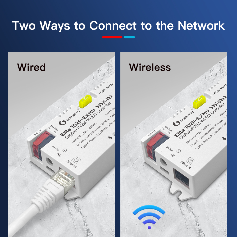 Dva způsoby připojení kontroléru Gledopto do sítě: kabelem Ethernet a bezdrátově přes Wi-Fi