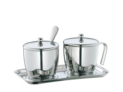 Nerezový set cukřenky a mléčenky s táckem