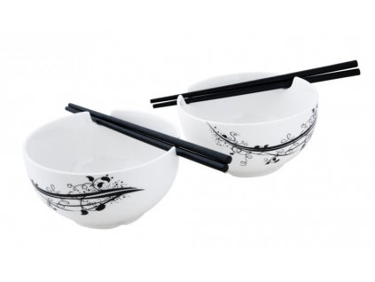Porcelánový japonský set 2 misek a 2 hůlek BLACK - by inspire