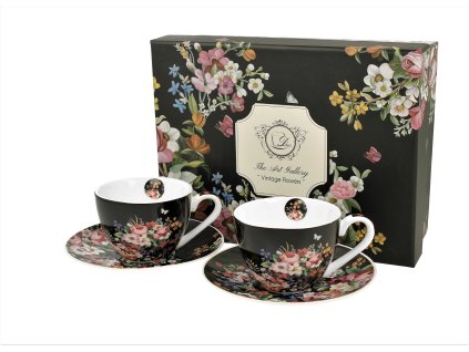 VINTAGE FLOWERS BLACK Šálek s podšálkem 80 ml set 2 ks s dárkovou krabičkou