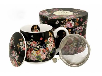 H207 WINTAGE FLOWER BLACK Hrnek baculka se sítkem a víčkem na čaj 430 ml od DUO