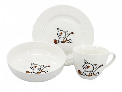 Dětský jídelní set kočka obsahuje misku, talíř a hrneček s vtipnou kočičkou