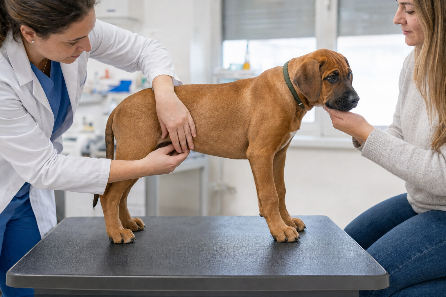 Veterinářka kontroluje žebra a tělesnou kondici štěněte rhodéského ridgebacka