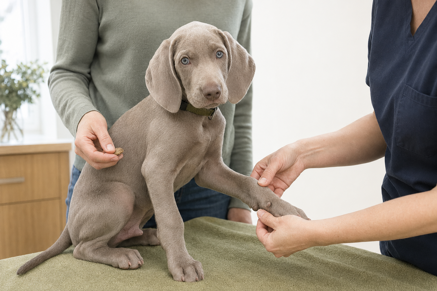 Štěně výmarského ohaře při klidné veterinární kontrole tlapek