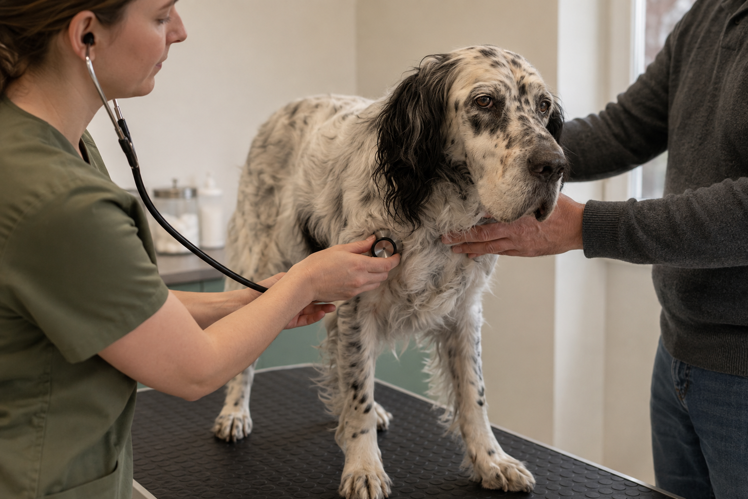 Veterinářka vyšetřuje staršího psa při zhoršení zdravotního stavu