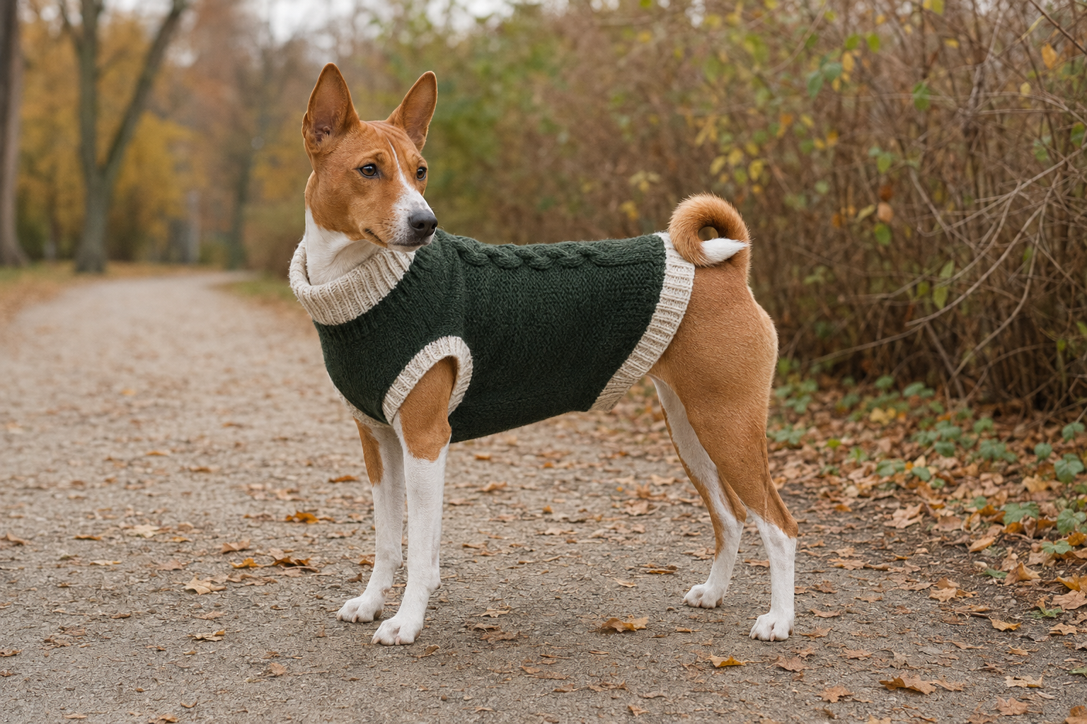 Basenji v ručně pleteném svetru během podzimní procházky