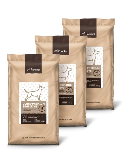 Tři balení granulí Panakei Srnec + Zajíc + Batát Sensitive grain free pro psy středních plemen