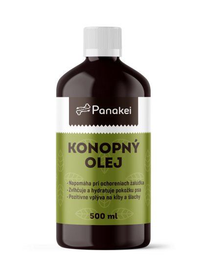 Láhev konopného oleje pro psy Panakei na bílém pozadí