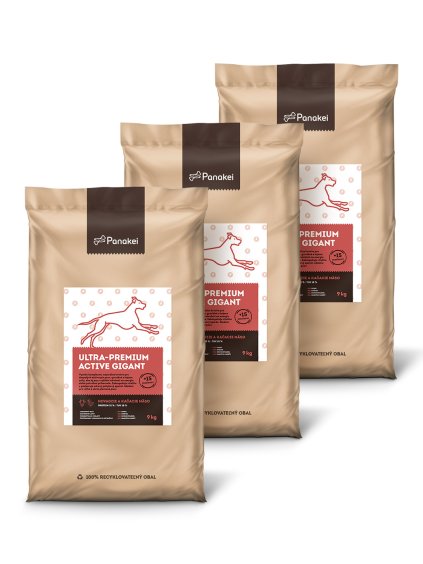 Tři balení granulí Panakei Hovězí + Kachna pro dospělé psy s vyšší aktivitou velkých a obřích plemen