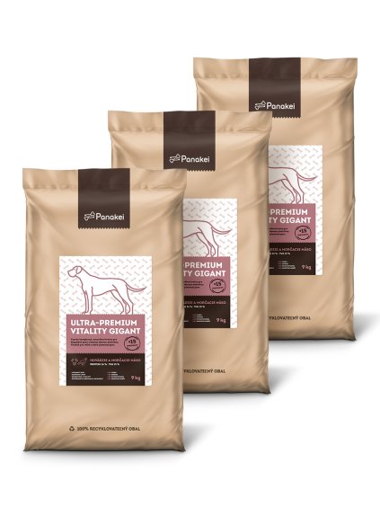 Tři balení granulí Panakei Vitality Gigant – Hovězí + Krůtí pro dospělé velké a obří psy