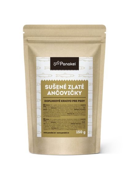 Balení pamlsků Panakei Sušené zlaté ančovičky pro psy na bílém pozadí