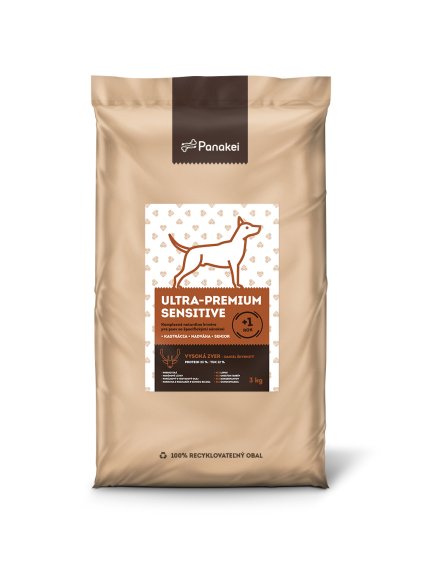 Balení hypoalergenních granulí Panakei Daněk skvrnitý SENSITIVE 3 kg pro dospělé psy malých a středních plemen.