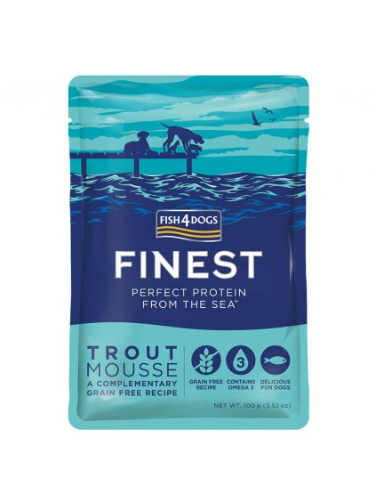 Balení kapsiček pro psy s pstruhem Fish4Dogs Finest Trout Complete na bílém pozadí.
