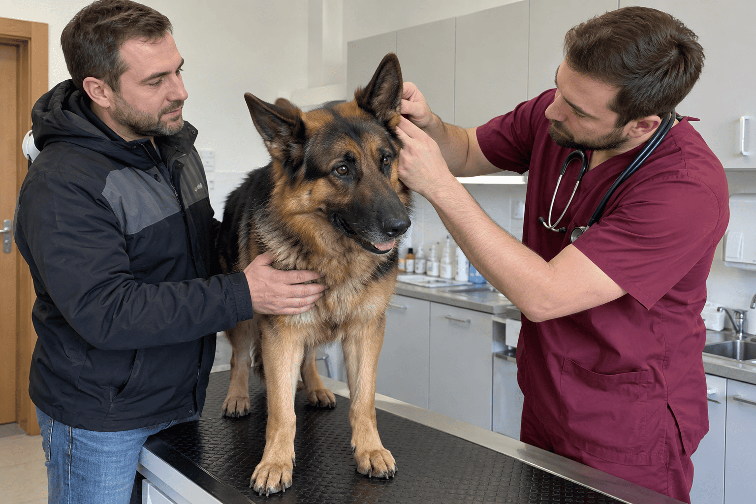 Nemecký ovčiak na vyšetrovacom stole pri veterinárovi a svojom majiteľovi