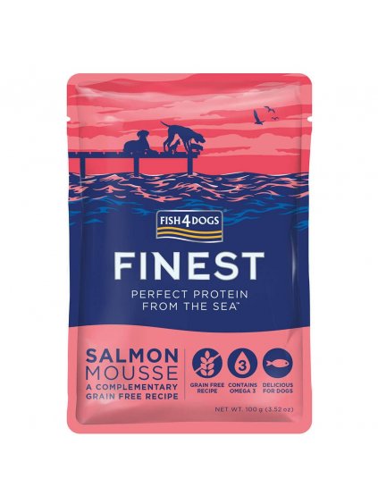 Balenie kapsičiek pre psov Fish4Dogs s lososom na bielom pozadí.