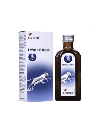 Balenie Hyalutidin DC Aktiv kĺbovej výživy pre psov – fľaša s kĺbovou výživou a krabička na bielom pozadí.