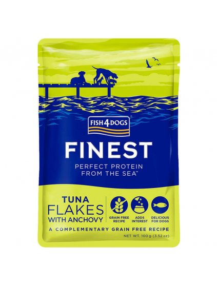 Balenie kapsičky pre psov s tuniakom a ančovičkami na bielom pozadí.