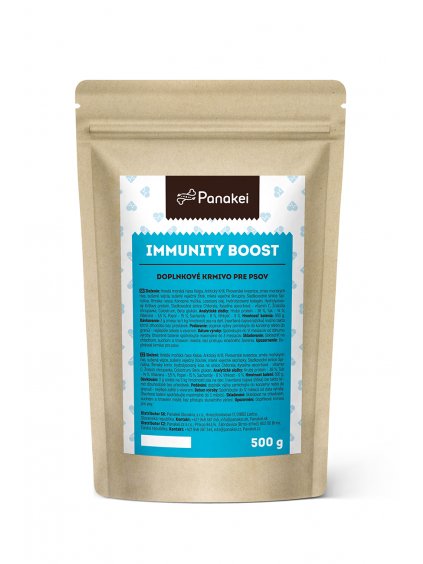 Balenie doplnku výživy pre psov Panakei Immunity BOOST s morskou riasou Kelp a žraločími chrupavkami na bielom pozadí