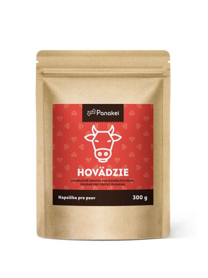 Balenie hovädzej kapsičky pre psov – kompletné krmivo Panakei na bielom pozadí.