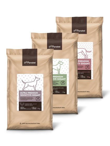 Tri balenia granúl Panakei pre dospelé psy veľkých a obrovských plemien – Jeleň lesný, Hovädzie s morčacím a Jahňacie s králičím