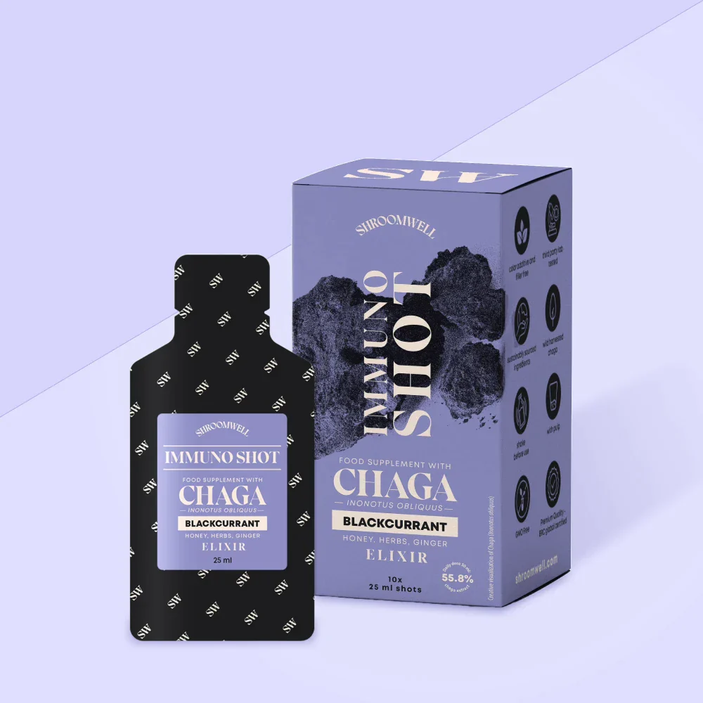 Shroomwell Chaga IMMUNO Elixir - Čierna ríbezľa vrecká (25ml x 10kusov)