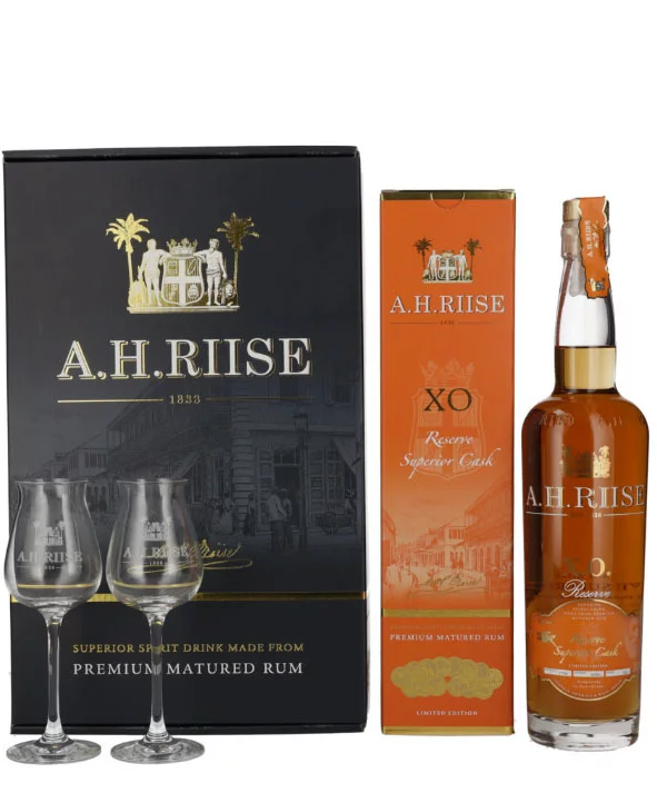 Dárkové balení A.H.Riise XO Reserve 40% 0,7l + 2 degustační skleničky