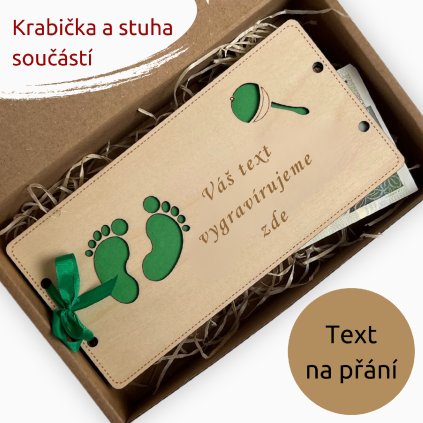 Dřevěné pouzdro na peníze - NAROZENÍ DÍTĚTE - nožičky - Váš text