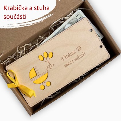 Dřevěné pouzdro na peníze - NAROZENÍ DÍTĚTE - kočárek