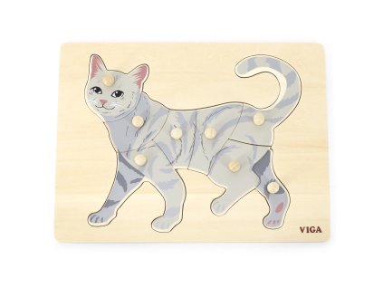 VIGA Drevené puzzle Montessori mačka so špendlíkmi