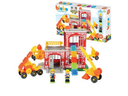 MOCHTOYS Požiarna stanica v krabici 100 ks. + 2 figúrky