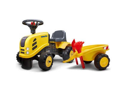 Žltý traktor FALK Baby Komatsu s prívesom + príslušenstvo od 1 roka