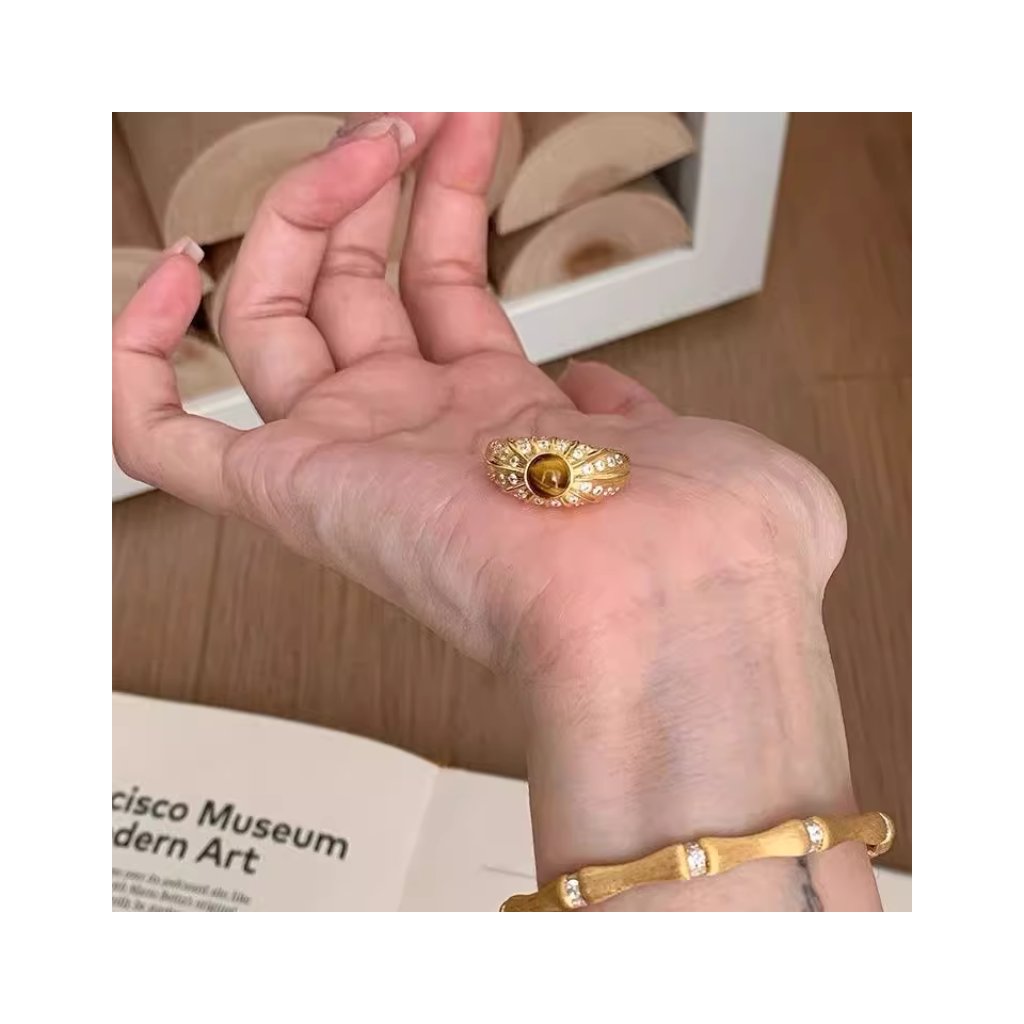 Vintage Tiger Eye Gold-Plated Open Ring