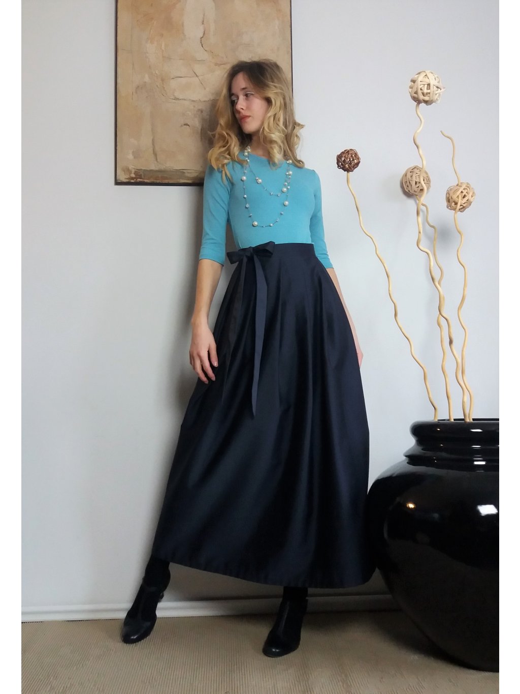 Dlouhá zavinovací sukně - tmavě modrá luxusní - Pangeas