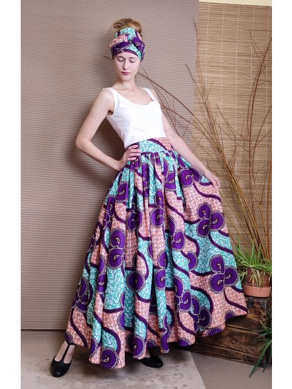 Africká sukně modrorůžová s fialovými květy - set