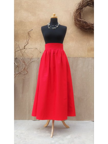 Dlouhá nabíraná sukně červená - len