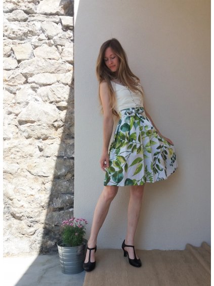 Krátká zavinovací sukně  - akvarel zelené listy