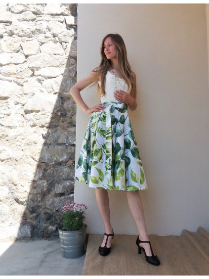 Kolová sukně - akvarel zelené listy
