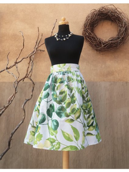 Akvarelová sukně zip - zelené listy