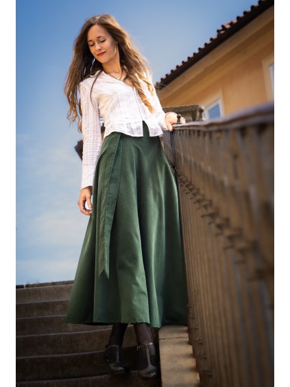 Manšestrová  půlkolová sukně - smaragd