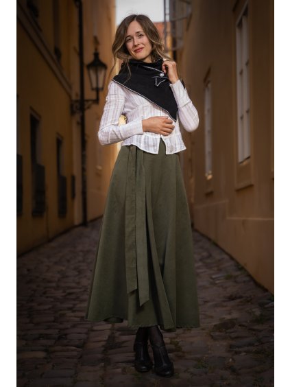 Manšestrová  půlkolová sukně - khaki